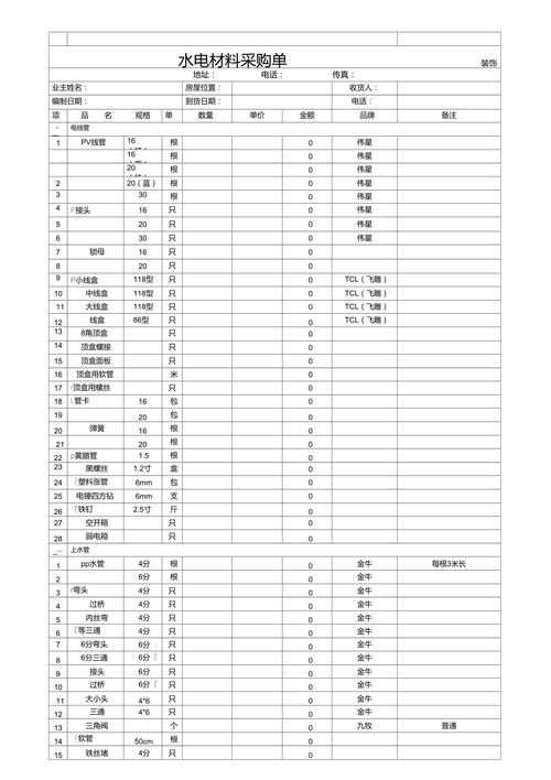 装修顾客购买材料主材单 装修公司主材选购单